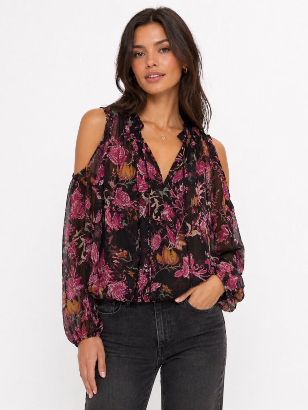 Women's INC Sheer Floral Cold-Shoulder Bubble Hem Blouse Size M